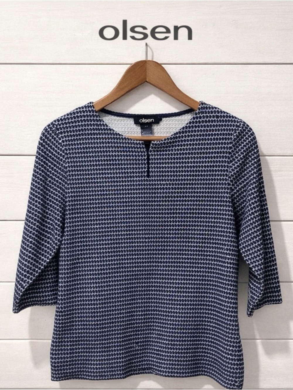 Textured Navy & White Print Top – Olsen Europe (Size S/36) .